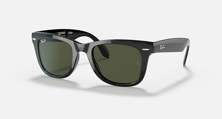 Folding Wayfarer sunglasses, matte black frame with dark green lenses