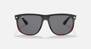 Sunglasses front view with black frame, gray lenses, and red trim accents.