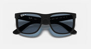 Ray-Ban sunglasses with black frame and dark blue mirrored lenses