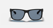 Ray-Ban sunglasses with black frame and blue-tinted lenses (front view)