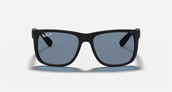 Ray-Ban sunglasses with black frame and blue-tinted lenses (front view)