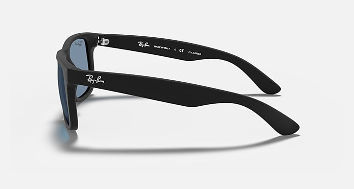 Ray-Ban sunglasses with black frame and blue lenses (side view)