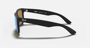 Black rectangular sunglasses side view with blue-tinted lenses and logo arms