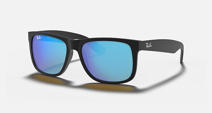 Black rectangular sunglasses with blue mirror lenses and slim temples