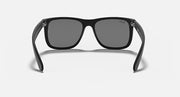 Ray-Ban Justin sunglasses with black frame and dark gray lenses, straight-on view.