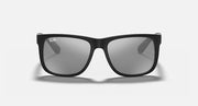 Ray-Ban Justin sunglasses with black frame and dark gray tinted lenses, front view.