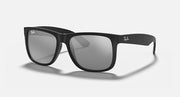 Ray-Ban Justin sunglasses with black frame and dark gray square lenses.
