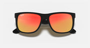 Black rectangular sunglasses with red mirror lenses and wide front frame