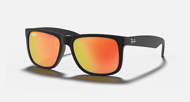 Black rectangular sunglasses with orange mirror lenses and glossy frame