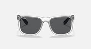Ray-Ban Justin sunglasses with silver frame and dark gray lenses, front view.