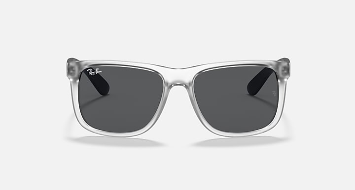 Ray-Ban Justin sunglasses with silver frame and dark gray lenses, front view.