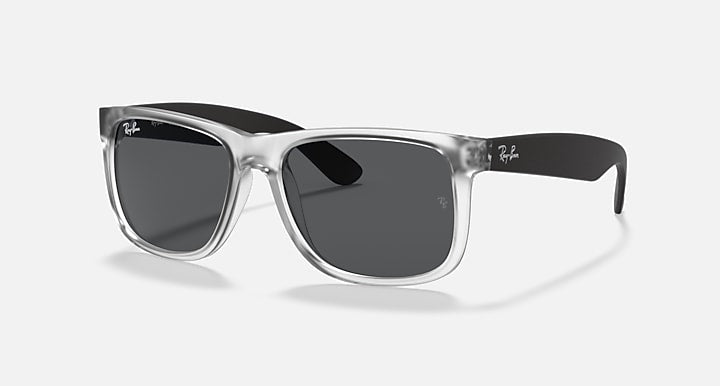 Ray-Ban Justin sunglasses with clear/silver frame and dark gray lenses.