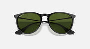 Ray-Ban Erika sunglasses, black frame with mirrored green lenses, close front view