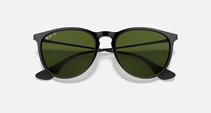 Ray-Ban Erika sunglasses, black frame with mirrored green lenses, close front view