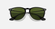 Ray-Ban Erika sunglasses with matte black frame and dark green gradient lenses, close front.