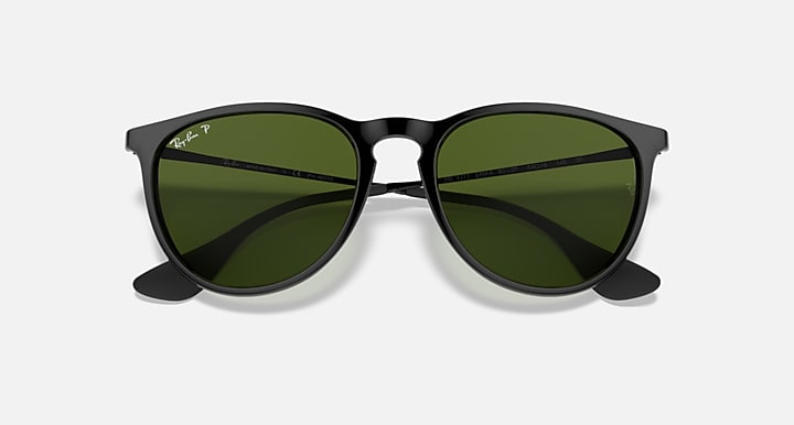 Ray-Ban Erika sunglasses with matte black frame and dark green gradient lenses, close front.