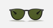 Ray-Ban Erika sunglasses with matte black frame and green lenses, front view.