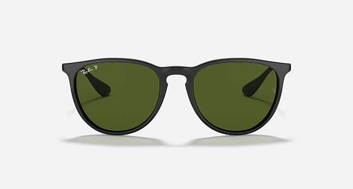 Ray-Ban Erika sunglasses with matte black frame and green lenses, front view.