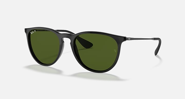 Ray-Ban Erika sunglasses with matte black frame and green lenses, side view.