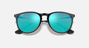 Sunglasses front view, black frame with bright turquoise mirrored lenses