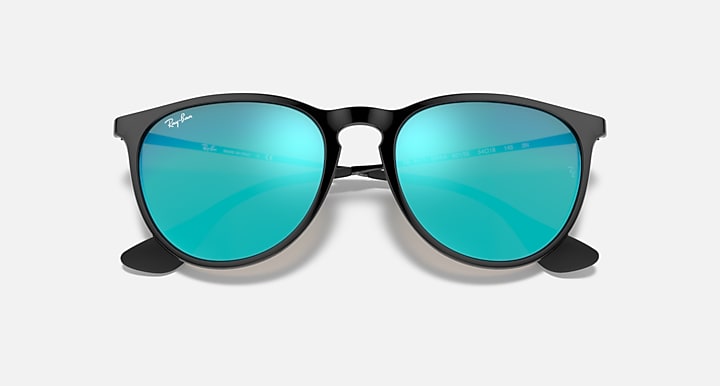 Sunglasses front view, black frame with bright turquoise mirrored lenses