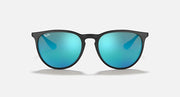 Sunglasses front view, black frame with turquoise mirrored gradient lenses