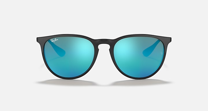 Sunglasses front view, black frame with turquoise mirrored gradient lenses