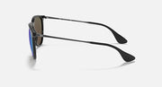 Sunglasses side view, black frame with purple-blue mirrored lenses