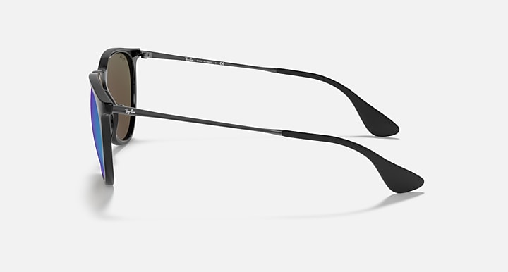 Sunglasses side view, black frame with purple-blue mirrored lenses