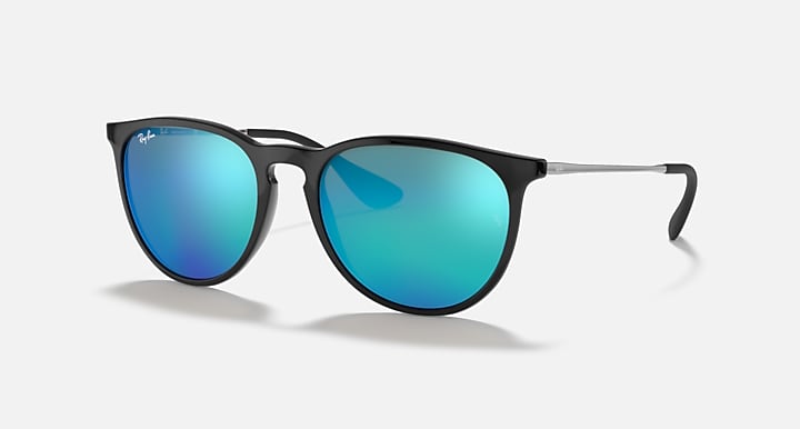 Sunglasses with black frame and turquoise mirrored lenses with dark outline