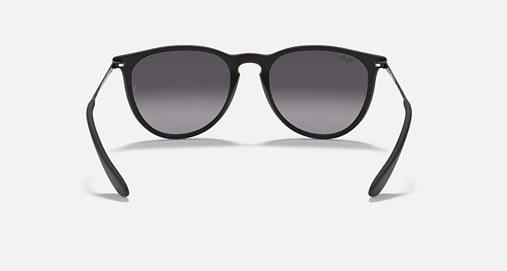Cat-eye sunglasses with black frame and dark gray lenses, front view with temples