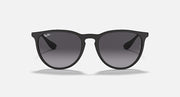 Cat-eye sunglasses with black frame and dark gray lenses, straight-on front view