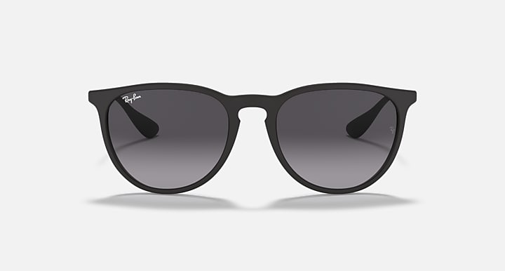 Cat-eye sunglasses with black frame and dark gray lenses, straight-on front view