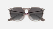 Sunglasses with taupe frame and dark gradient lenses, curved arms and nose bridge
