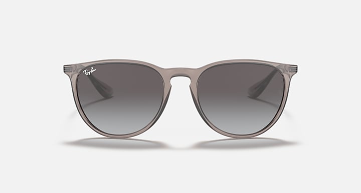 Sunglasses with taupe frame and dark gradient lenses, straight bridge, rounded-square