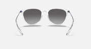 Sunglasses with clear frame and dark gradient lenses, purple temple accents