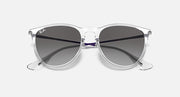 Sunglasses with clear frame and dark gradient lenses, rounded square silhouette