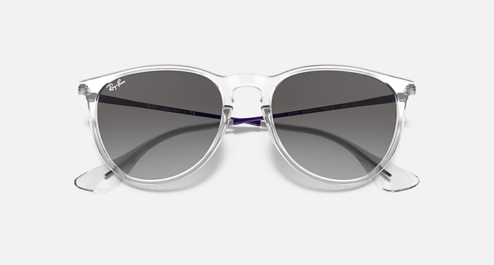 Sunglasses with clear frame and dark gradient lenses, rounded square silhouette