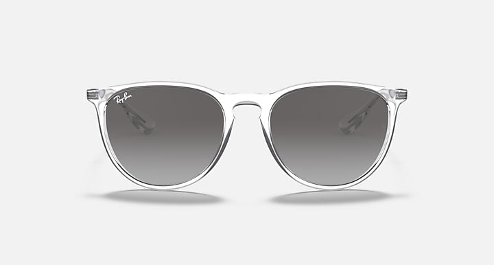 Sunglasses with clear silver frame and dark gradient lenses, front view