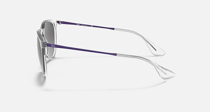 Sunglasses side view with clear silver frame and purple-blue temples