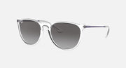 Sunglasses with clear silver frame and dark gradient lenses, rounded square shape