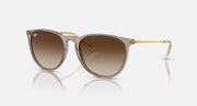 Brown gradient sunglasses with gold metal frame, front three-quarter view