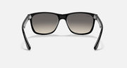 Ray-Ban sunglasses, black frame with dark grey lenses, front view