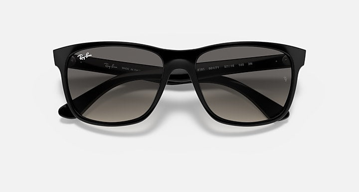 Ray-Ban sunglasses, black frame with dark grey lenses, front view