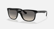 Ray-Ban sunglasses, black frame with dark grey lenses, angled front view