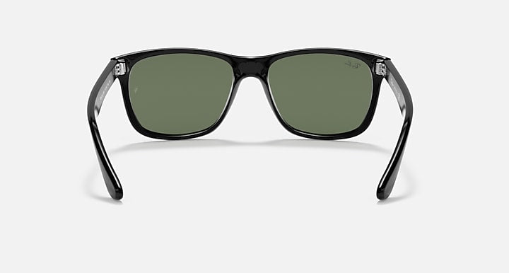 Ray-Ban sunglasses, black frame with dark green lenses, front view