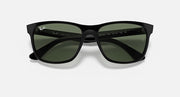 Ray-Ban sunglasses, black frame with dark green lenses, front view
