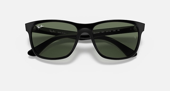 Ray-Ban sunglasses, black frame with dark green lenses, front view