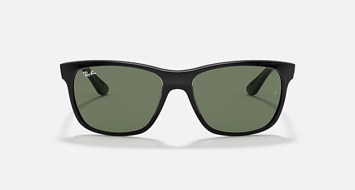 Ray-Ban sunglasses, black frame with dark green lenses, front view