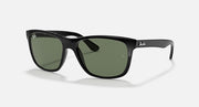 Ray-Ban sunglasses, black frame with dark green lenses, angled front view